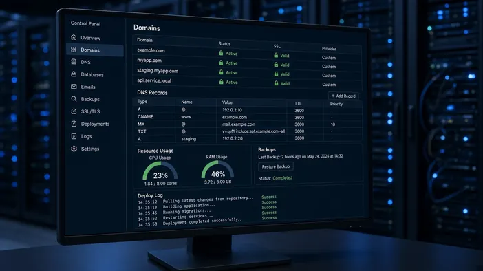 Панель хостинга с доменами, SSL, DNS, копиями и логом выкладки в серверной