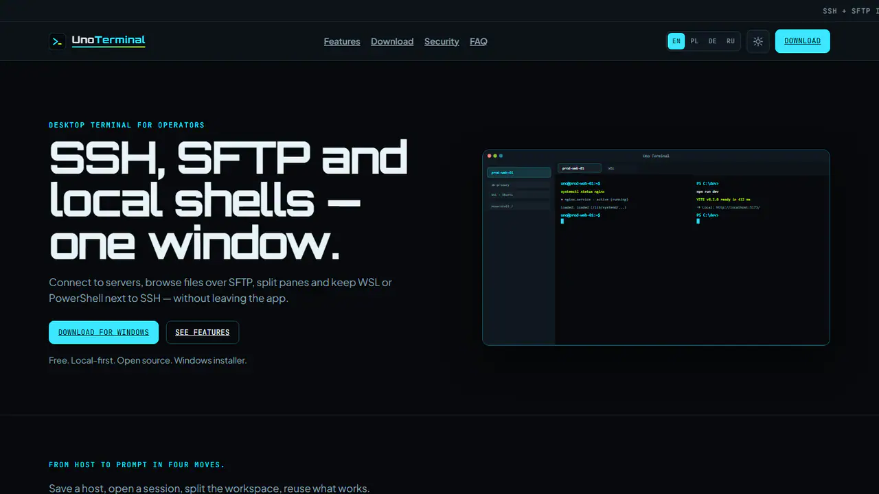 Главная Uno Terminal: SSH, SFTP и локальные оболочки в одном окне